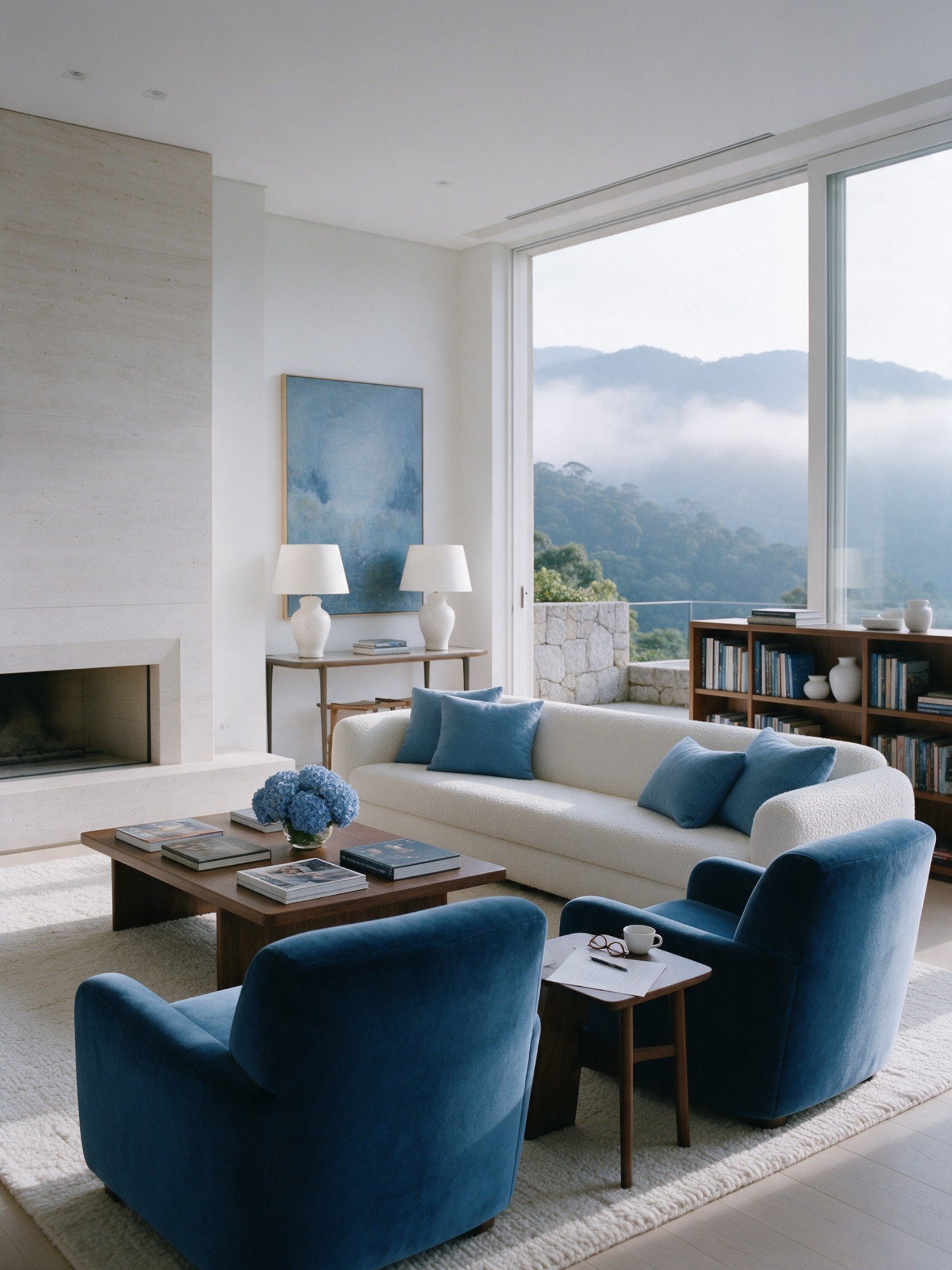 Sala de uma casa com vista para as montanhas e a névoa da serra